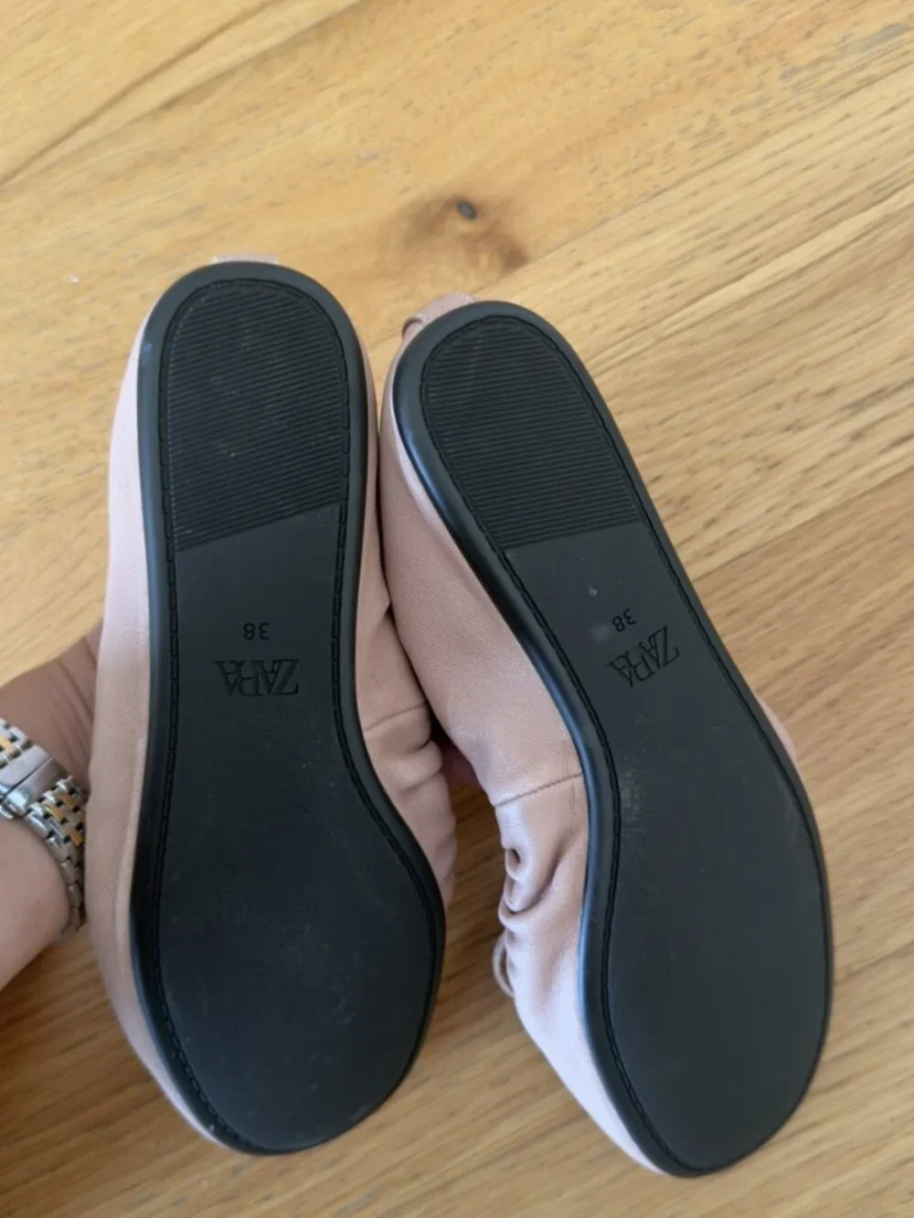 NWT Zara Blush Pink Leather Ruched Bow Ballet Flats 38